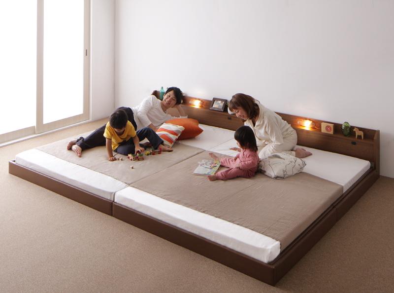 連結ベッド 幅240 キング ワイド 3人 4人 家族 つなげる 2台 分割 ファミリー マットレス付 ロー 低い 高さ調節 棚 携帯 収納 スマホ  コンセント すのこ 通気性 ベッド