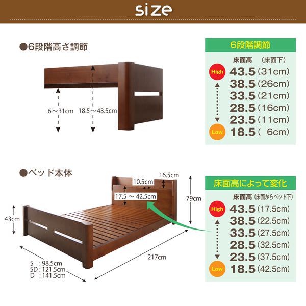 耐荷重600kg6段階高さ調節コンセント付超頑丈天然木すのこベッド